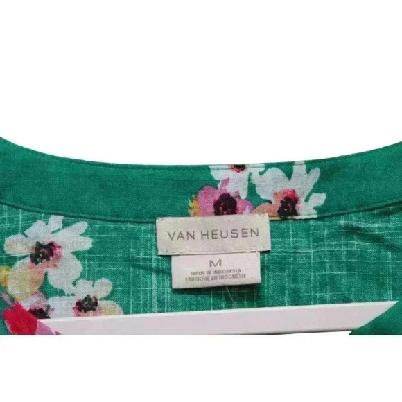 NWT Van Heusen Blouse Womens Size Medium Kelly Green Floral Cotton Tunic V-Neck - Picture 4 of 11